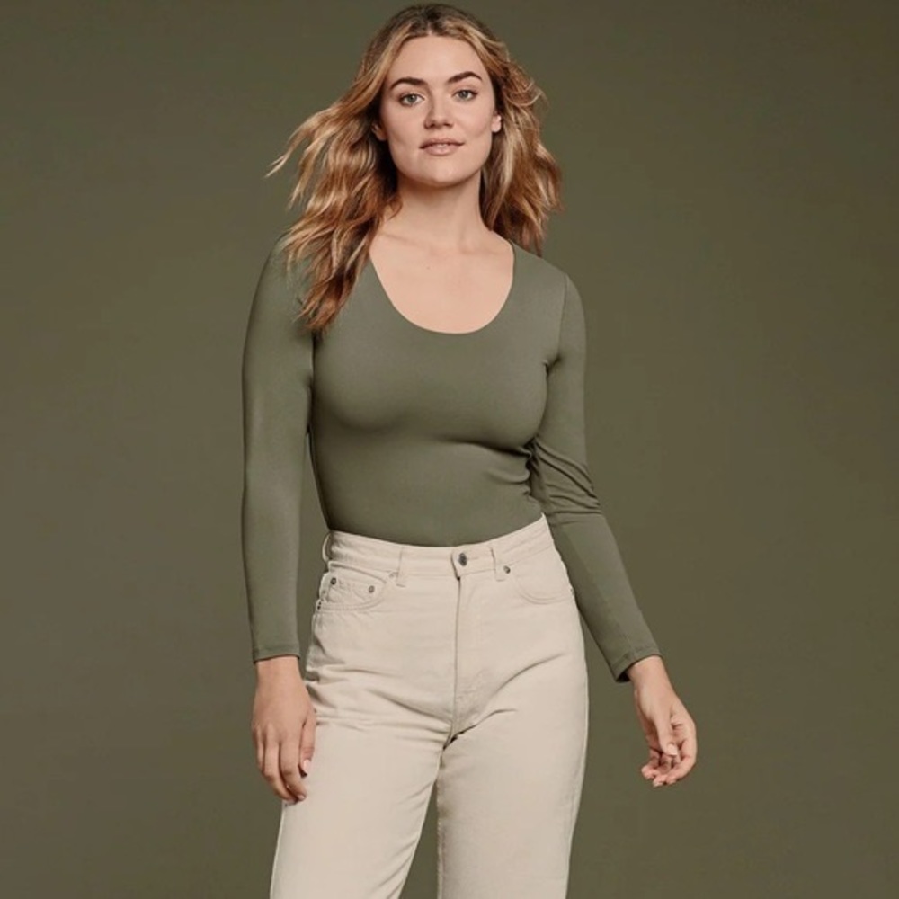 Women's Long Sleeve Scoop Neck Bodysuit - Dark Olive / XXL